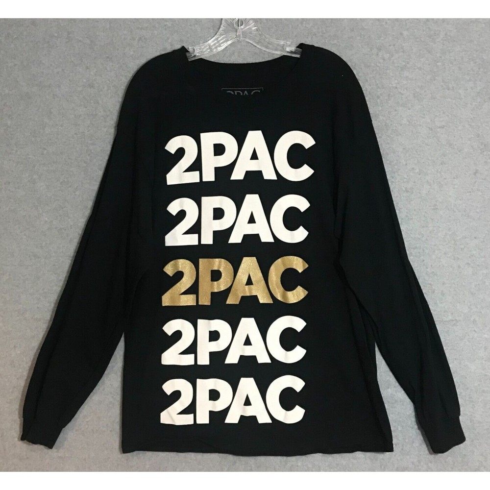 Tupac Shakur 2Pac T-Shirt Men's‎ Large Long Sleeve Spellout Black Gold Glitter